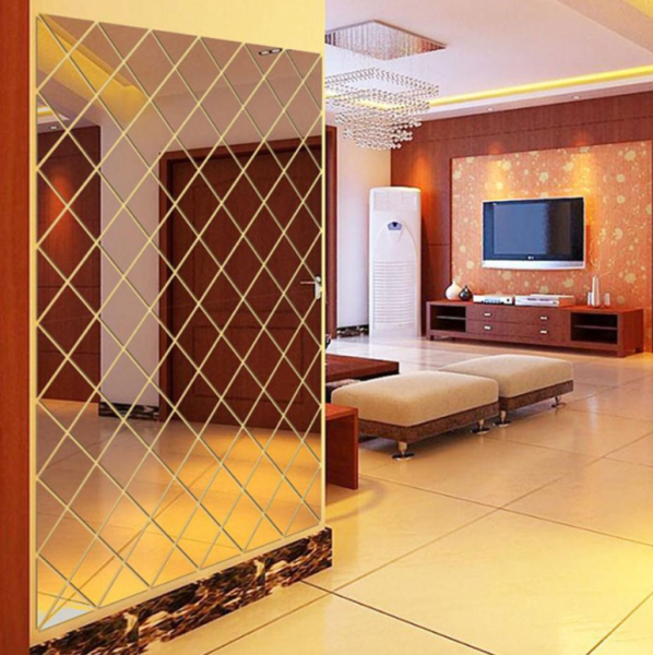 Зеркальный гибкий ПВХ пластик (небьющееся зеркало), острые углы, цвет ЗОЛОТО / Зеркальные пластиковые панели 720 х 500 х 2 мм. / Наклейки интерьерные